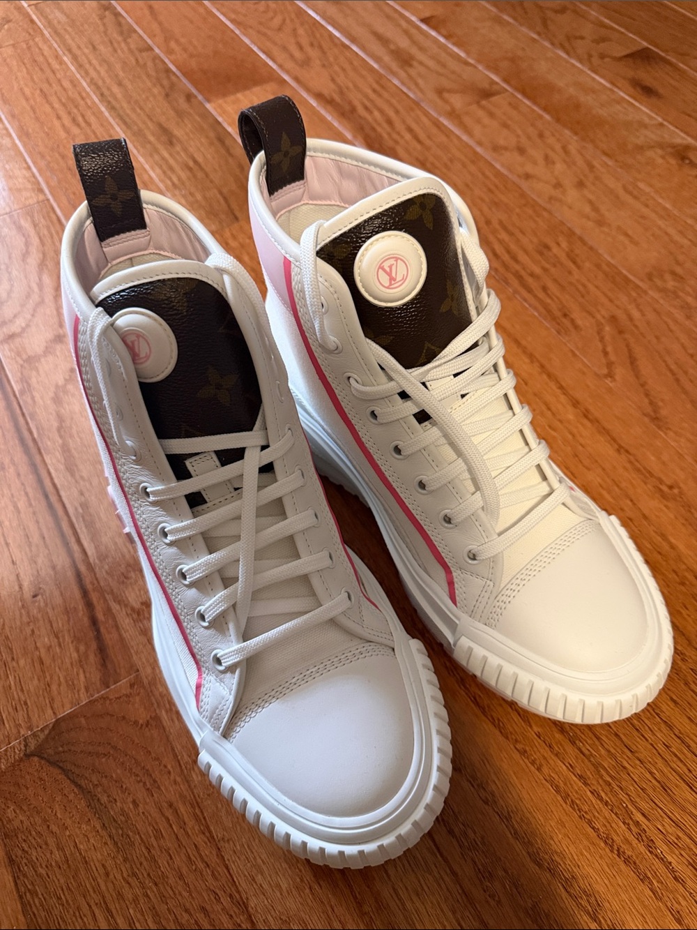 Louis Vuitton White Pink Monogram High-Top Sneakers brand new
